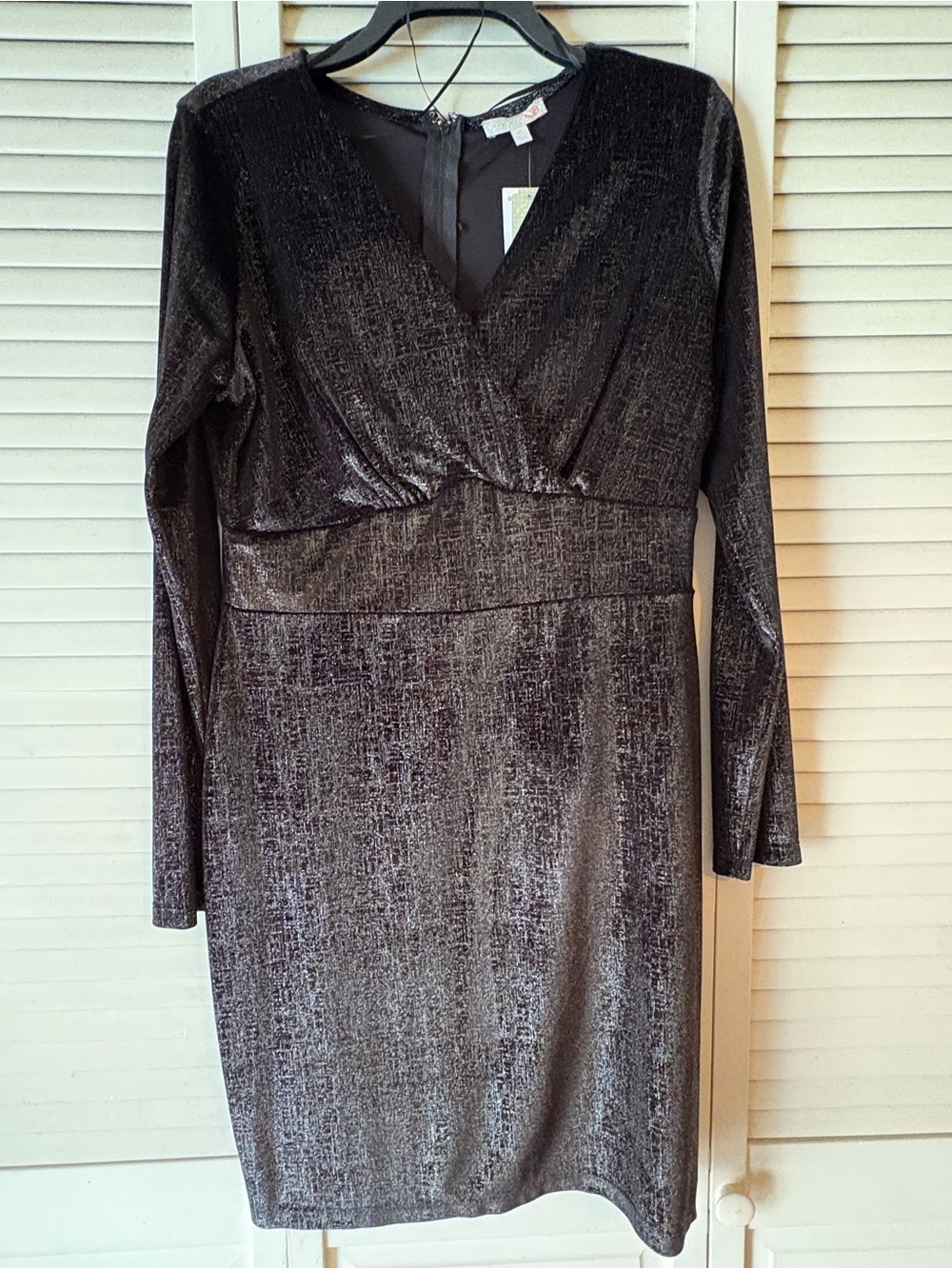 Gianni Bini Shimmery Black Long-Sleeve V-Neck Sheath Dress